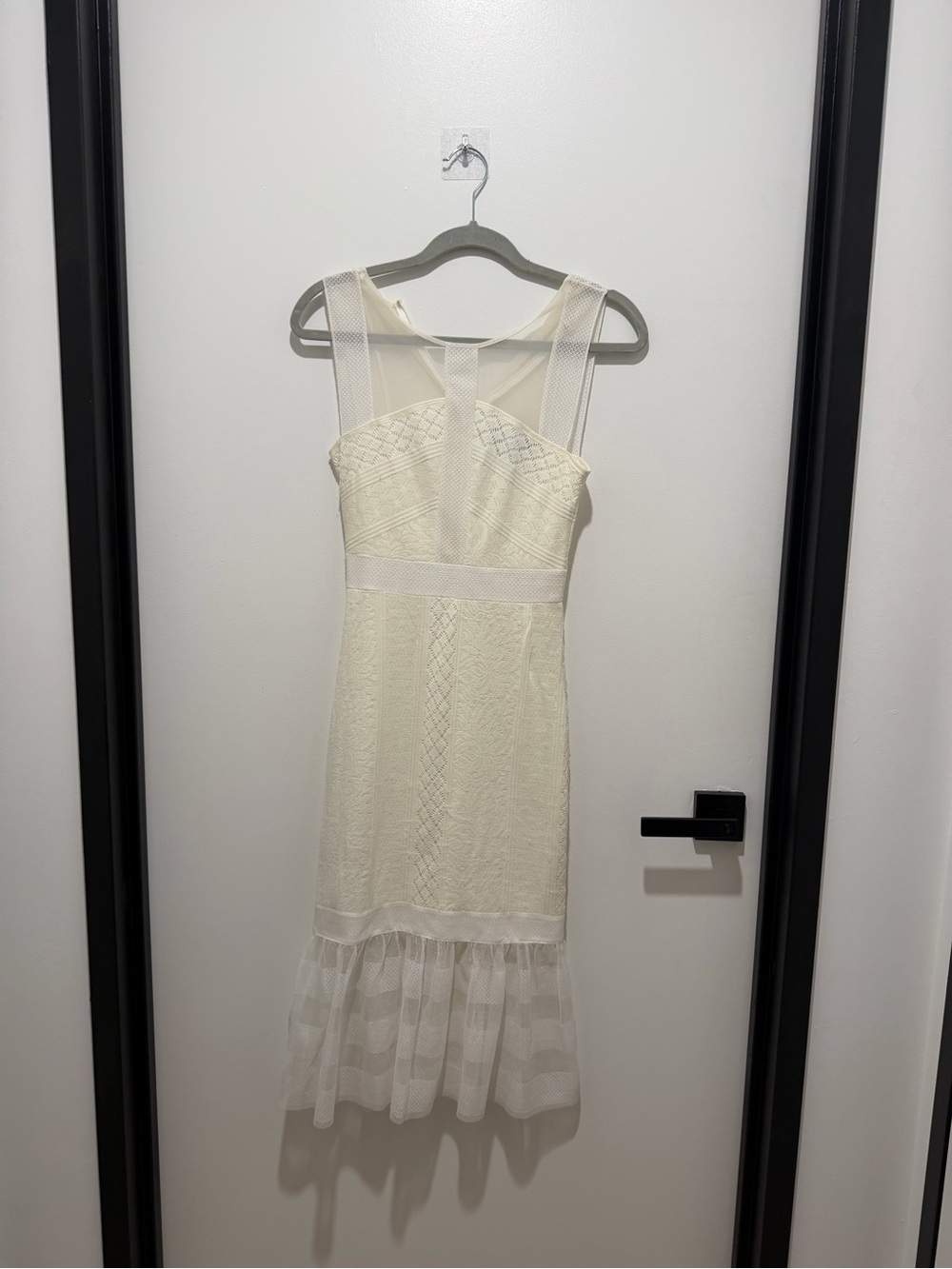 BCBGMaxAzria Ivory Textured Lace Midi Dress with Sheer Hem
